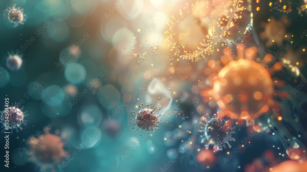 Microscopic Battle: A vibrant, abstract depiction of viruses and cells engaged in a microscopic conflict, rendered in a captivating blend of teal and amber hues. Microscopic Battle: A vibrant, abstract depiction of viruses and cells engaged in a microscopic conflict, rendered in a captivating blend of teal and amber hues.