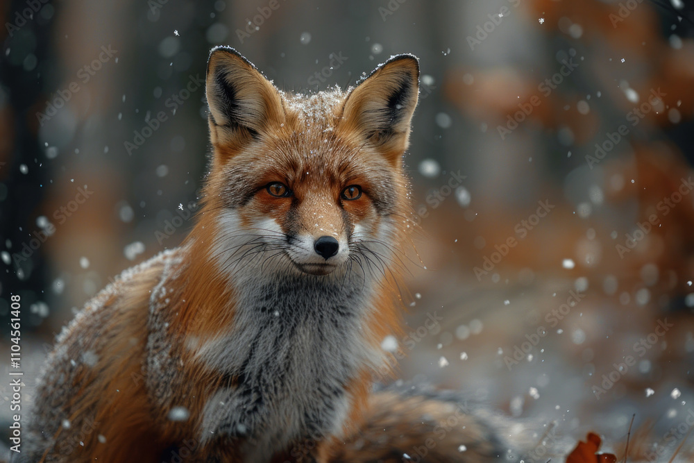 Fototapeta premium Red fox in the forest during a snowfall. Wild animal in nature.,. 