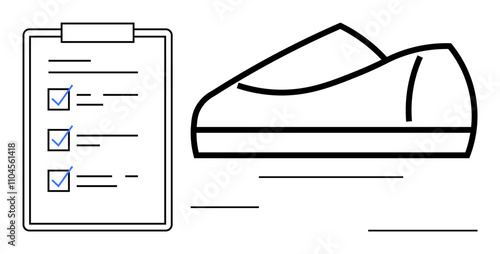 Athletic shoe with speed lines alongside a checklist with checkmarks. Ideal for fitness goals, running schedules, training plans, sports achievements, personal development, athletic performance