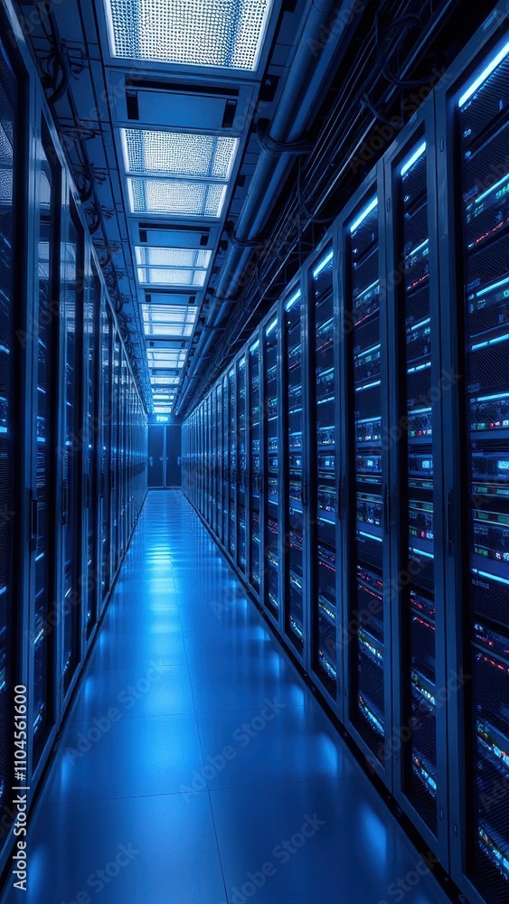 Fototapeta premium A network server room with rows of powerful servers connected for data processing, connected, technology, network, technology infrastructure