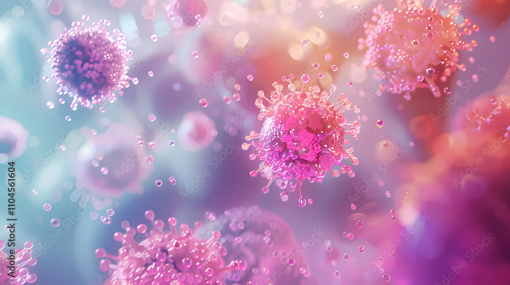 Microscopic World: A vibrant, abstract close-up of viruses or cells, rendered in a dreamy palette of pastel pinks and blues, creating a captivating visual of the unseen. Microscopic World: A vibrant, abstract close-up of viruses or cells, rendered in a dreamy palette of pastel pinks and blues, creating a captivating visual of the unseen.