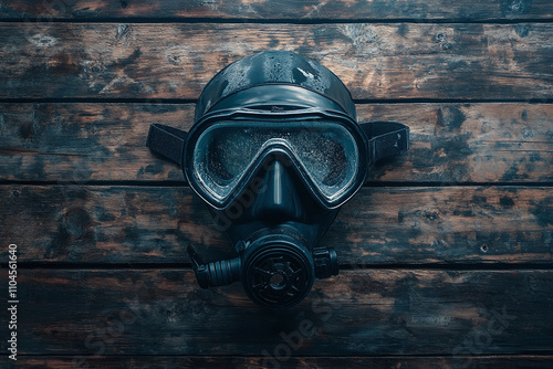 A diving mask with foggy lens on rustic wood planks. photo