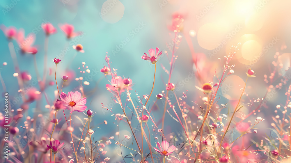 Delicate Pink Flowers in a Soft Glow: A dreamy field of delicate pink wildflowers basks in the soft glow of a sunrise, creating a serene and calming atmosphere. Delicate Pink Flowers in a Soft Glow: A dreamy field of delicate pink wildflowers basks in the soft glow of a sunrise, creating a serene and calming atmosphere.