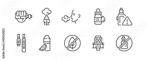 Vaping icons. Set of 10 vaping trendy minimal icons. Hand holding vape, vape pen, e-liquid bottle and person vaping icon. Design signs for web page, mobile app, packaging design. Vector illustration
