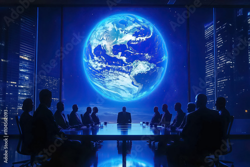 Wallpaper Mural A holographic representation of Earth is projected above a table surrounded by figures in a dimly lit conference room Torontodigital.ca