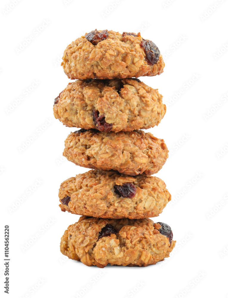Stack of delicious oatmeal cookies with dried cranberries and nuts isolated on white Stack of delicious oatmeal cookies with dried cranberries and nuts isolated on white