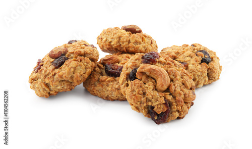 Delicious oatmeal cookies with dried cranberries and nuts isolated on white