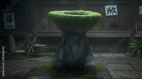 Moss Covered Stone Bowl 3D Illustration