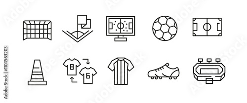 Soccer icons. Set of 10 soccer trendy minimal icons. Ball, Field, Red Card, Trophy, Goalkeeper, Flaming Ball icon. Design signs for web page, mobile app, packaging design. Vector illustration