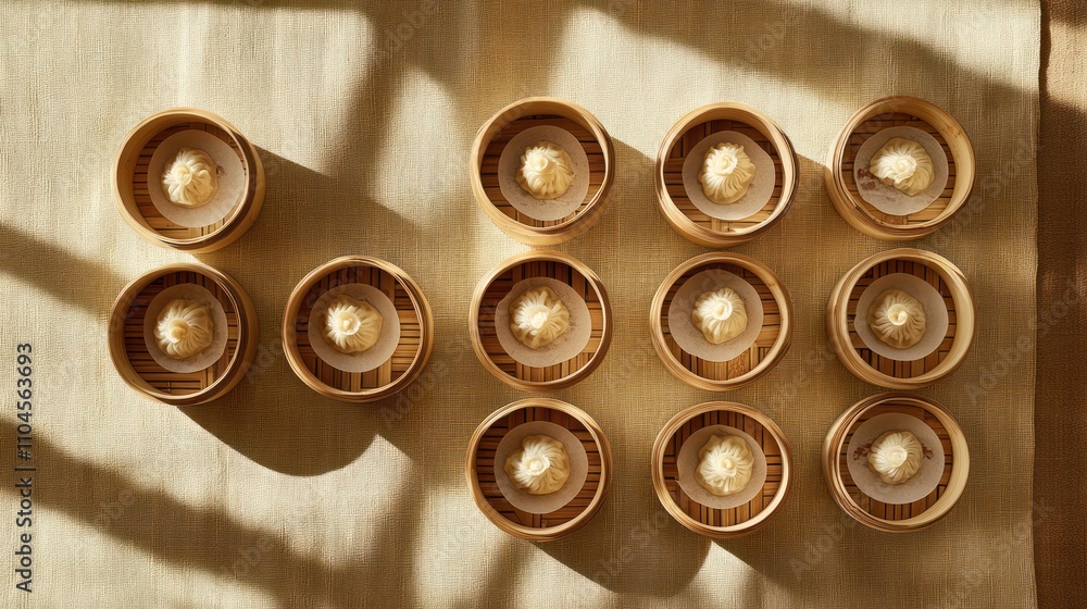 Flat lay of dim sum arranged geometrically, artistic alignment, bamboo steamers on a textured table Flat lay of dim sum arranged geometrically, artistic alignment, bamboo steamers on a textured table