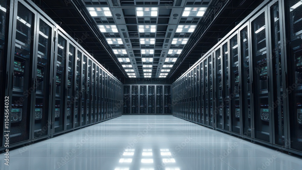 Fototapeta premium Data center server room with rows of racks housing powerful processing units, servers, storage, cyber