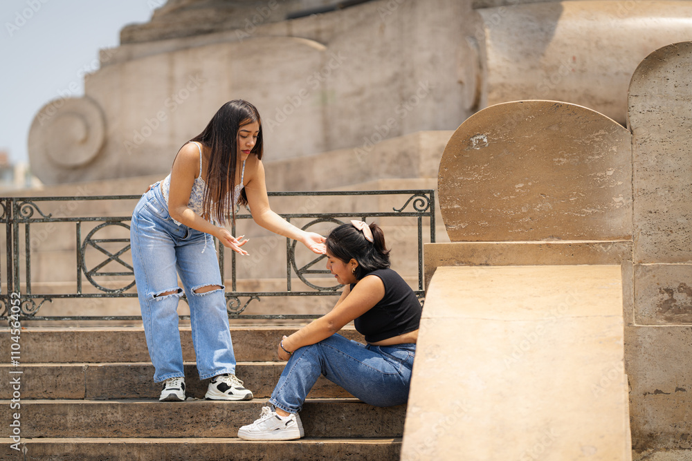 Young woman comforting sad friend in trujillo, peru Young woman comforting sad friend in trujillo, peru