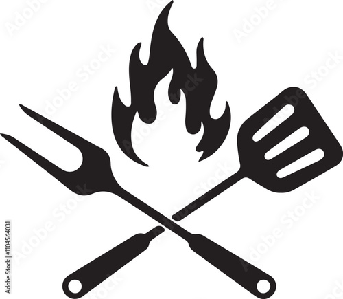 Illustration of a cooking utensil icon featuring a spatula and fork crossed, with flames above them