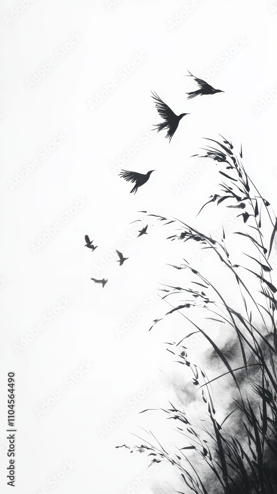 Fototapeta premium A minimalistic black and white artwork featuring birds in flight over delicate grasses, perfect for nature-themed projects, calming backgrounds, or artistic prints, It evokes freedom and serenity,