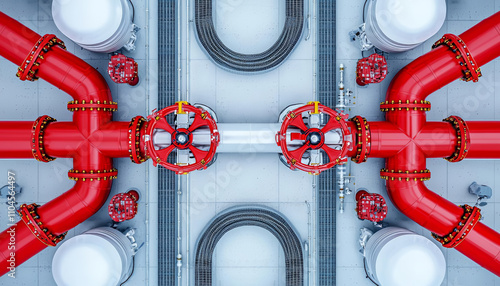 Fire alarm manual system. Red fire protection pipes with valves and fittings in industrial setting