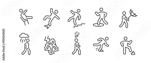 Unlucky icons. Set of 10 unlucky trendy minimal icons. Downfall, Rain, Flash, Ladder, Black Cat icon. Design signs for web page, mobile app, packaging design. Vector illustration.