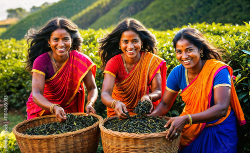 Young Indian women picking tea leaves in a tea plantation.