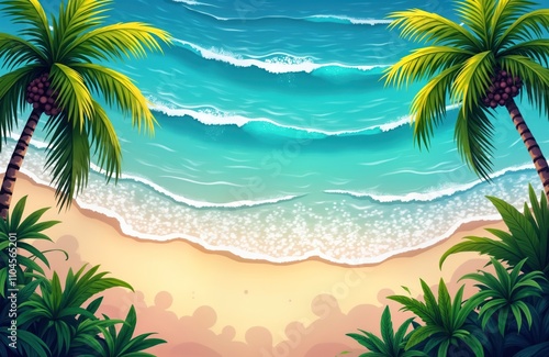 Tropical beach paradise with calm turquoise water. Palm trees, rich vegetation on sandy beach. Ocean waves gently lap shore. Relaxing vacation scene. Exotic island vibe. Summer holiday atmosphere.