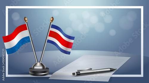 Netherlands and Costa Rica Small national flag on bokeh background, cooperative relationship