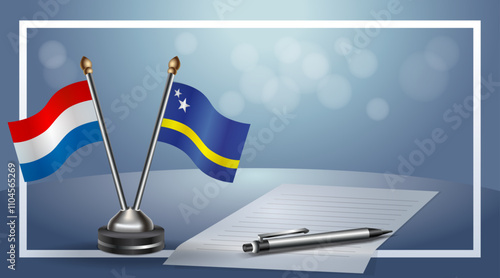 Netherlands and Curacao Small national flag on bokeh background, cooperative relationship