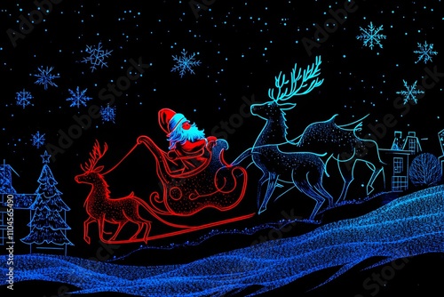 A dazzling red and blue neon outline of Santa Claus on a sleigh pulled by reindeer gliding through a snowy village on a black background. photo