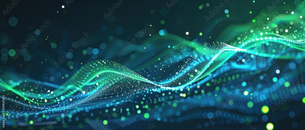 Abstract digital waves with glowing particles in blue and green tones. Abstract digital waves with glowing particles in blue and green tones.