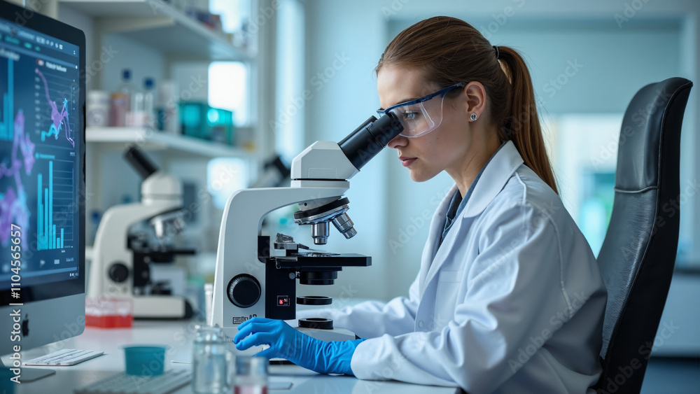 Female Scientist Analyzing Virus Sample: Modern Lab Research for Healthcare Advancements and Medical Education Female Scientist Analyzing Virus Sample: Modern Lab Research for Healthcare Advancements and Medical Education