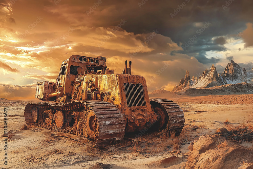 Digital artistic illustration of post-apocalyptic desert with rusted machinery, shiny gold colors. Digital artistic illustration of post-apocalyptic desert with rusted machinery, shiny gold colors.