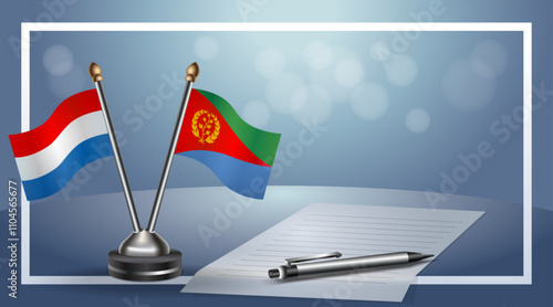 Netherlands and Eritrea Small national flag on bokeh background, cooperative relationship