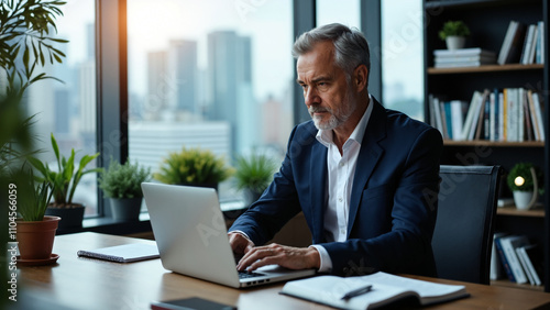 Mature Businessman Analyzing Financial News: Stock Photo for Corporate Websites, Investment Platforms