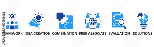 Brainstorming icon set illustration concept with icon of teamwork,idea creation,combination,free associate,evaluation,solutions