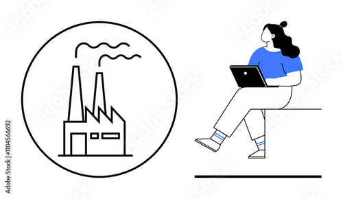 Woman seated, holding laptop, contemplating icon of factory with smoke emissions. Ideal for environmental awareness, technology, industry growth, remote work, pollution control, sustainability