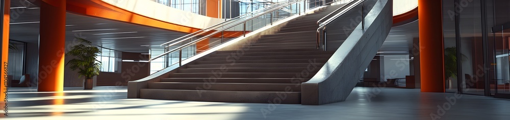 Fototapeta premium Modern staircase in a spacious, well-lit interior with large windows and plants.