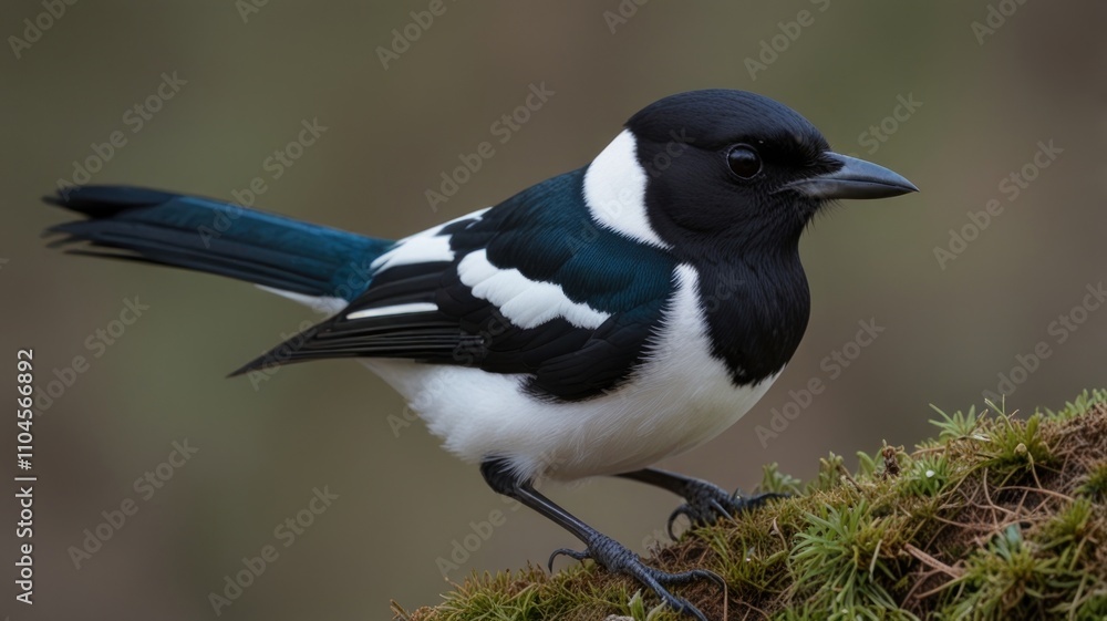 Close-up of a magpie perched on moss. Close-up of a magpie perched on moss.