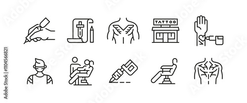 Tattoo icons. Set of 10 tattoo trendy minimal icons. Needle, tattoo Chair, back tattoo, Ink bottles, machine icon. Design signs for web page, mobile app, packaging design. Vector illustration.