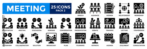 Meeting  icon collection set. Containing conference, discussion, business meeting, seminar,  consultation,  presentation, interview icon. Simple solid vector.