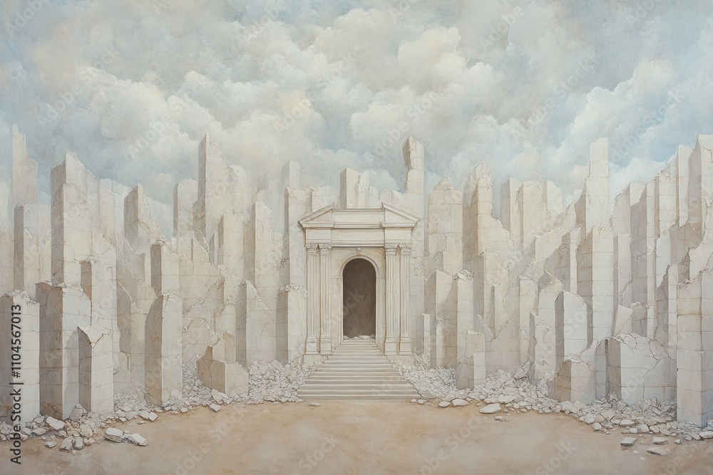 Fototapeta premium A striking image of a ruined architectural structure surrounded by fragmented columns, evoking themes of decay and mystery