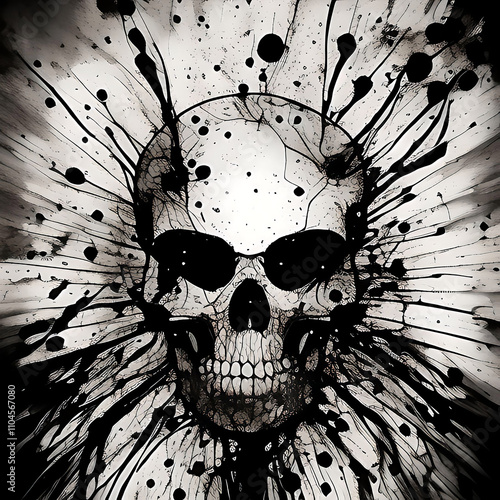 A skull with a black face and a white background