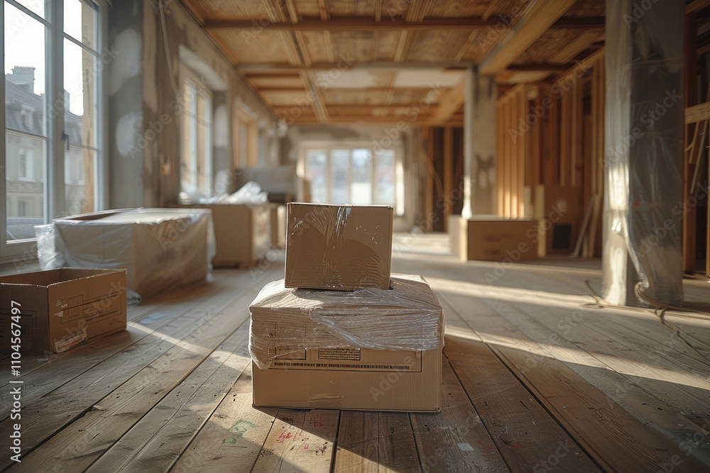 Stack of moving boxes in a new house,. Stack of moving boxes in a new house,.