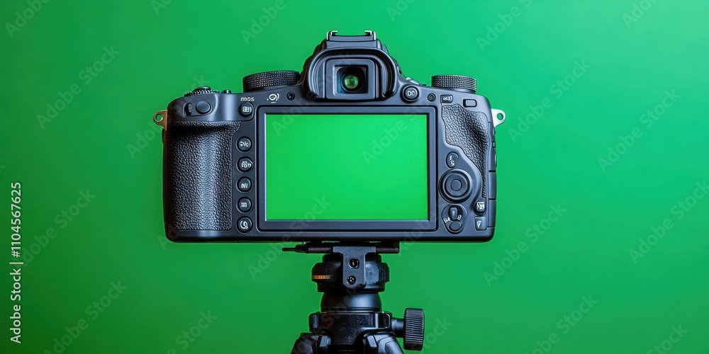 Fototapeta premium A professional camera positioned on a tripod with a blank green screen, ideal for photography, video production, or creative projects needing customizable backgrounds