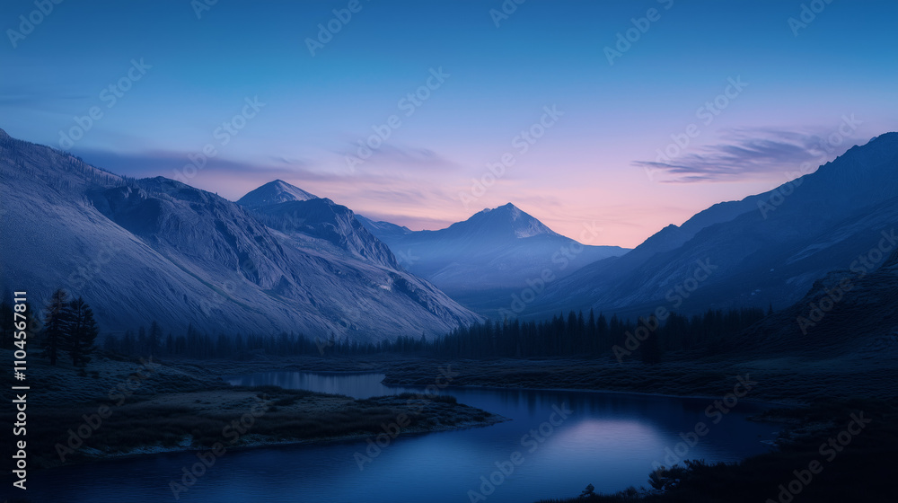Majestic mountains stand tall against soft twilight sky, their peaks illuminated by the fading light. Calm river weaves through the valley Majestic mountains stand tall against soft twilight sky, their peaks illuminated by the fading light. Calm river weaves through the valley