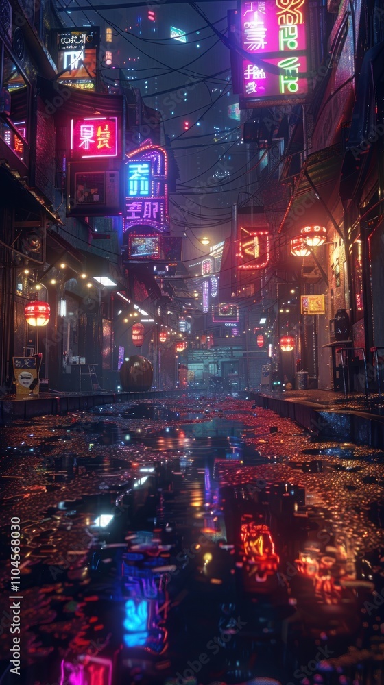 Naklejka premium A vibrant, neon-lit alleyway reflecting rain, showcasing urban nightlife and culture.
