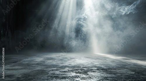 A dimly lit space with fog and light beams creating a mysterious atmosphere.