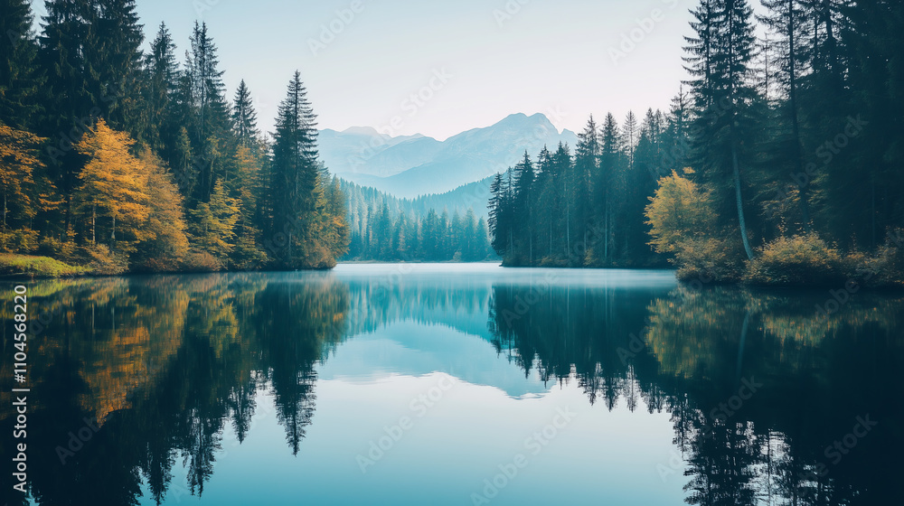 Fototapeta premium Peaceful lake surrounded by towering trees and majestic mountains showcases the beauty of nature. The early morning light casts a soft glow on the water, enhancing the serene atmosphere