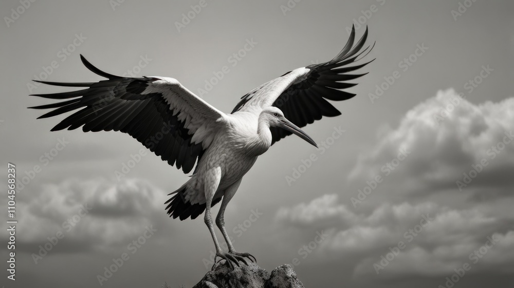 Obraz premium Majestic stork with wings spread wide, perched on a weathered stump against a cloudy sky.