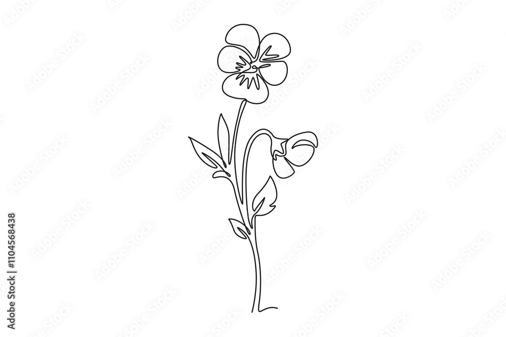 Continuous one line drawing beauty fresh violet hybrid plant for home art wall decor print poster. Printable decorative pansy flower for green park. Single line draw design vector graphic illustration Continuous one line drawing beauty fresh violet hybrid plant for home art wall decor print poster. Printable decorative pansy flower for green park. Single line draw design vector graphic illustration