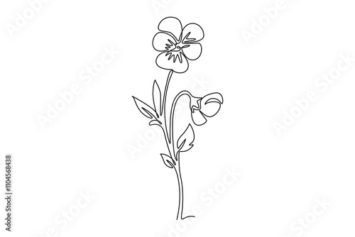 Continuous one line drawing beauty fresh violet hybrid plant for home art wall decor print poster. Printable decorative pansy flower for green park. Single line draw design vector graphic illustration