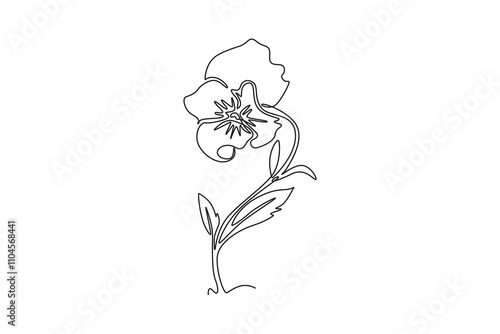 Continuous one line drawing beauty fresh viola hybrid for garden logo. Printable decorative pansy flower for home art wall decor art poster print. Single line draw design vector graphic illustration