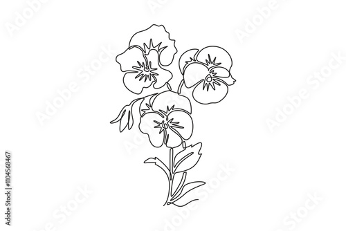 Continuous one line drawing beauty fresh viola hybrid plant for wall art home decor poster. Printable decorative pansy flower for greeting card ornament. Single line design vector graphic illustration