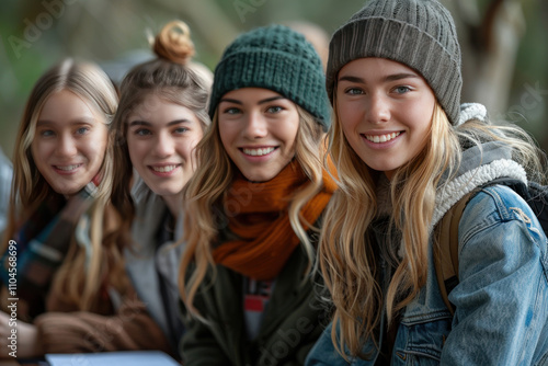 Group of friends studying together on campus,.     